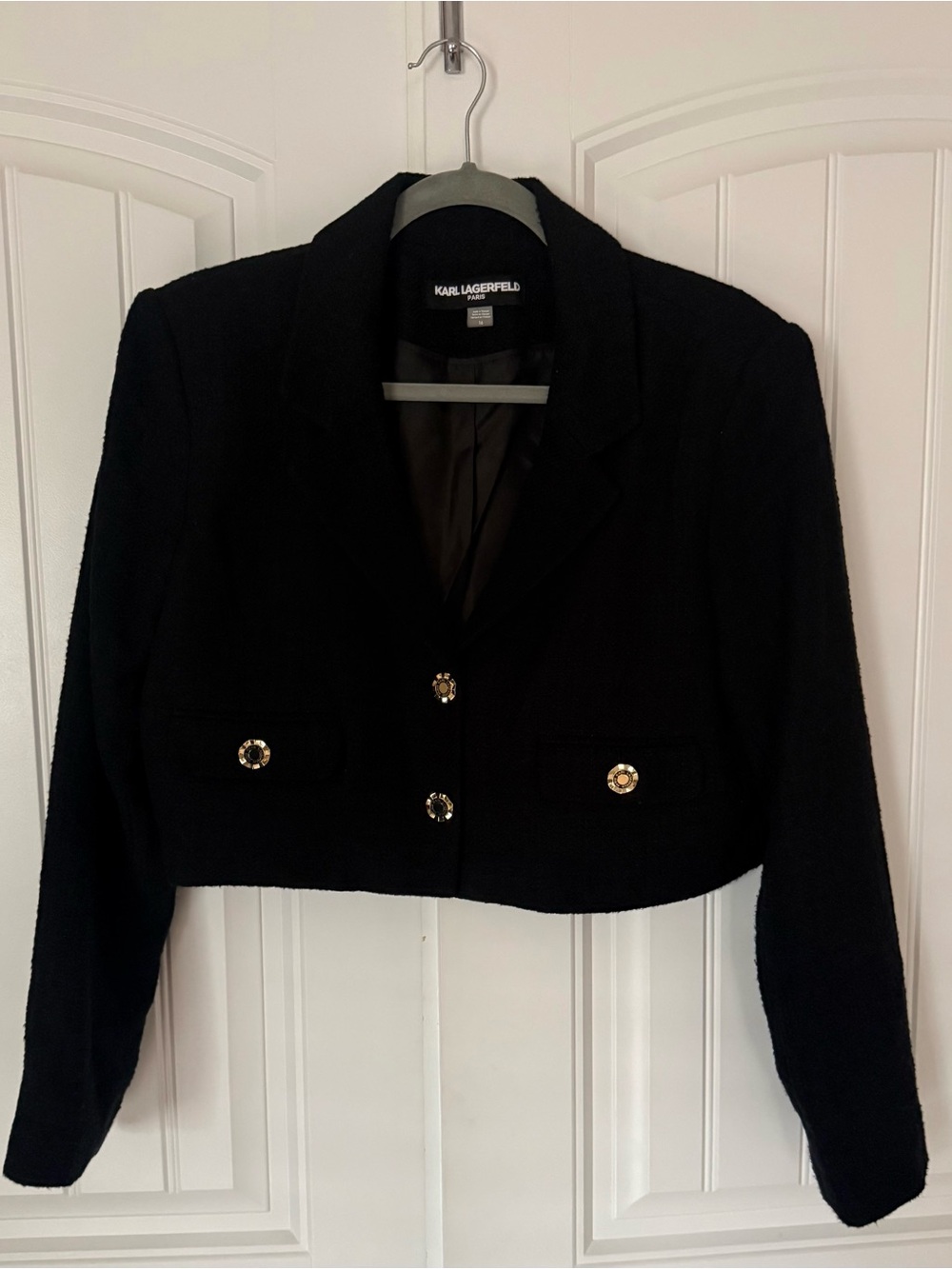 Karl Lagerfeld Black Cropped Bouclé Blazer with Gold Buttons